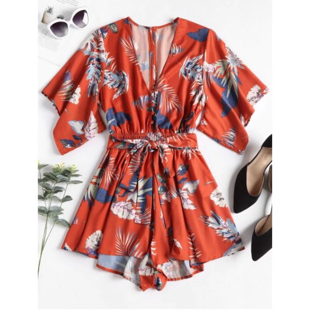 Tropical Smock Waisted Kimono Romper